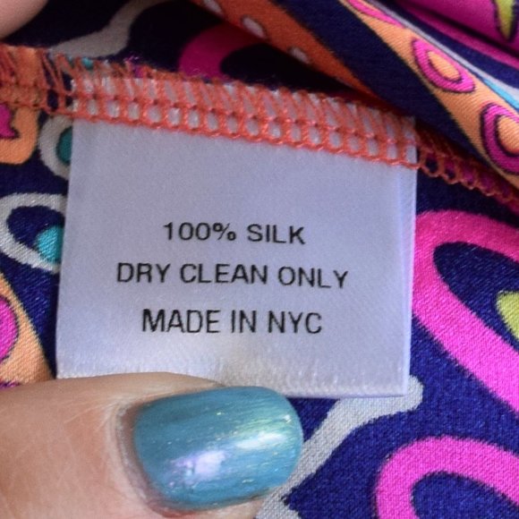 100% Silk Brightly Coloured Patterned Short Sleeve Summer Blouse - Picture 8 of 8